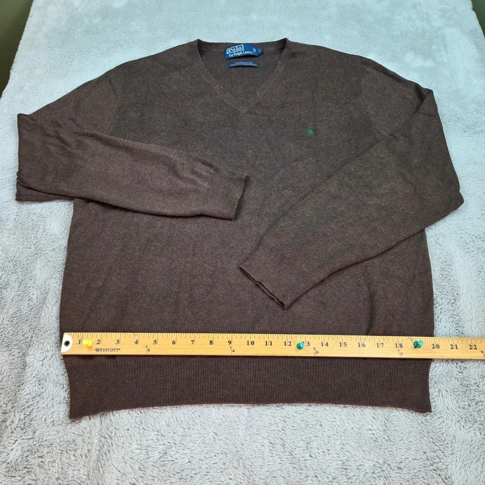 Polo Ralph Lauren V-Neck Sweater Mens L Pima Cotton Pony Logo Pullover Brown